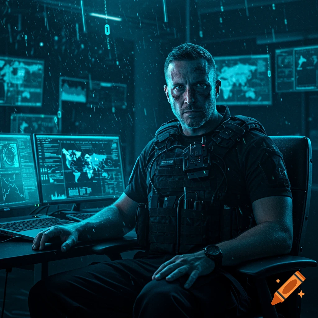 A serious man in tactical gear sits at a computer, surrounded by monitors displaying data in a dark, blue-lit room.