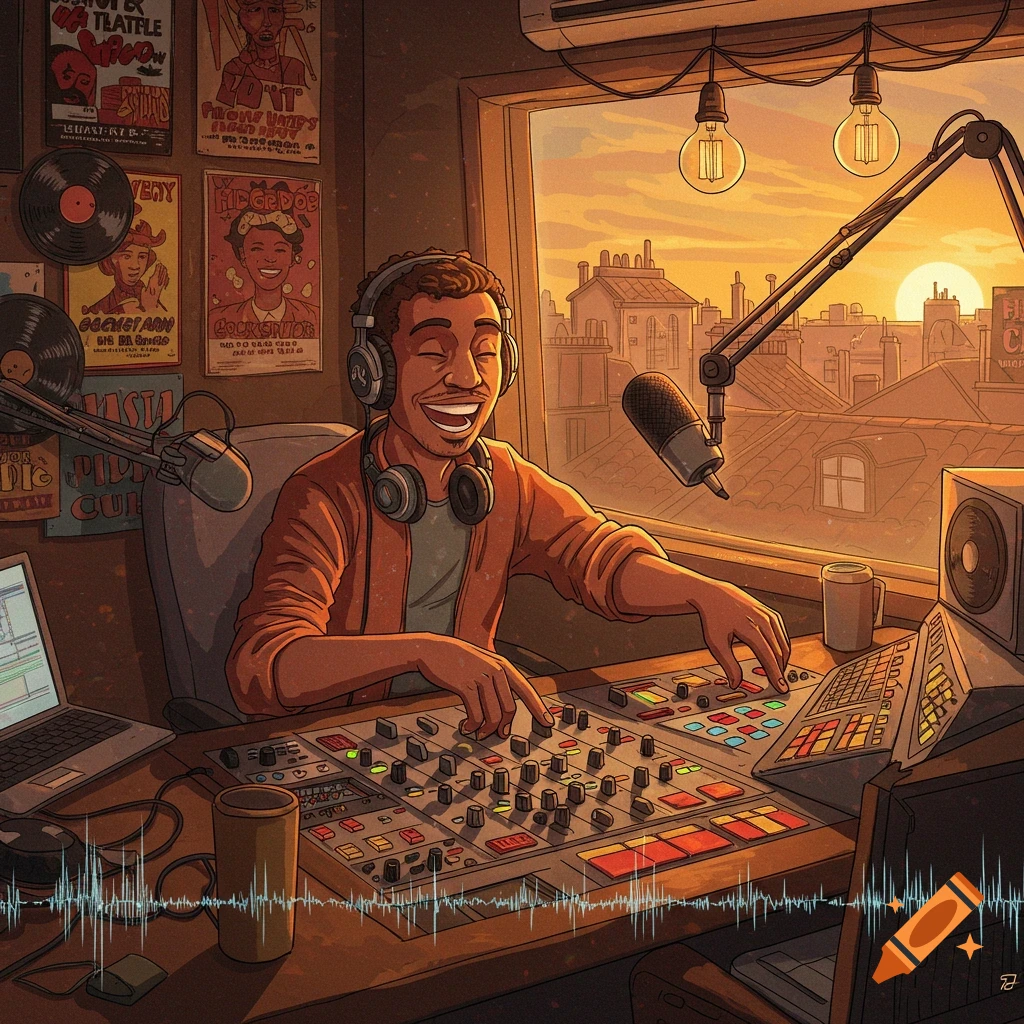 A happy DJ wearing headphones at a radio station desk with city views at sunset, in a vibrant illustration style.