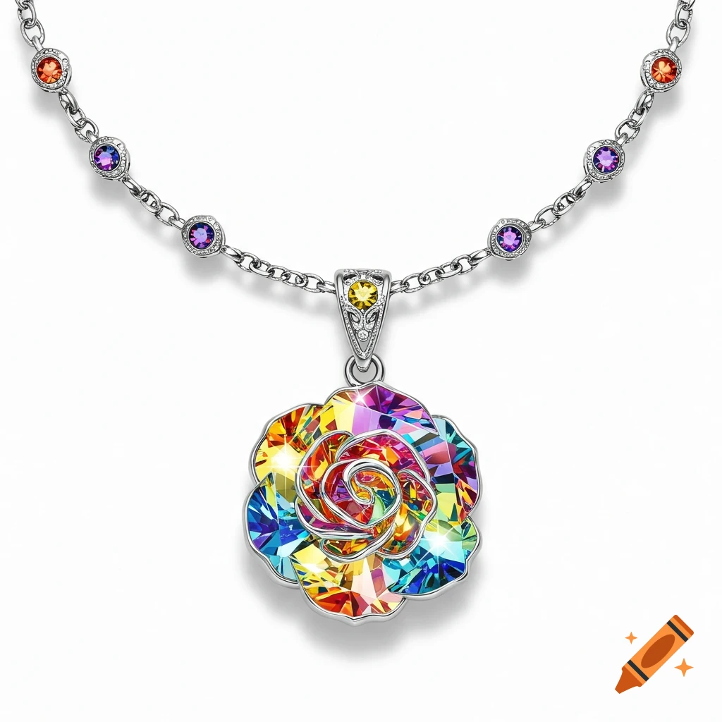 A silver necklace with a vibrant rainbow crystal rose pendant and smaller colorful gems on the chain, against a white background.