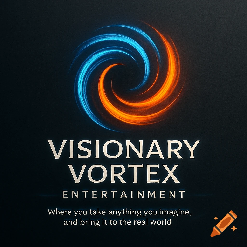 A logo with glowing blue and orange abstract spirals, reading 'VISIONARY VORTEX ENTERTAINMENT' and the slogan 'Where you take anything you imagine, and bring it to the real world.'