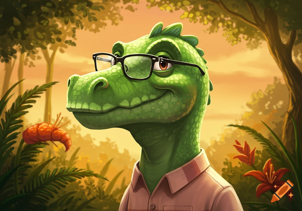 A cartoonish green dinosaur wearing glasses and a pink polo shirt smiles in a lush jungle with a sunset background.