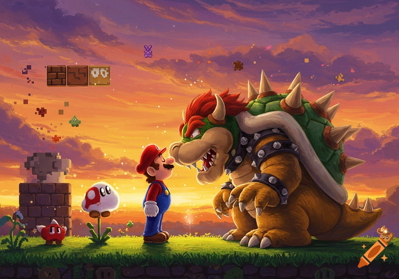 Stylized digital art of Mario looking up at an angry Bowser under a dramatic sunset sky with pixelated game elements.