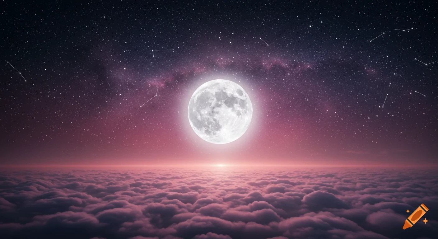 A full moon glows brightly in a vibrant night sky filled with stars and the Milky Way, above a sea of pink-hued clouds.