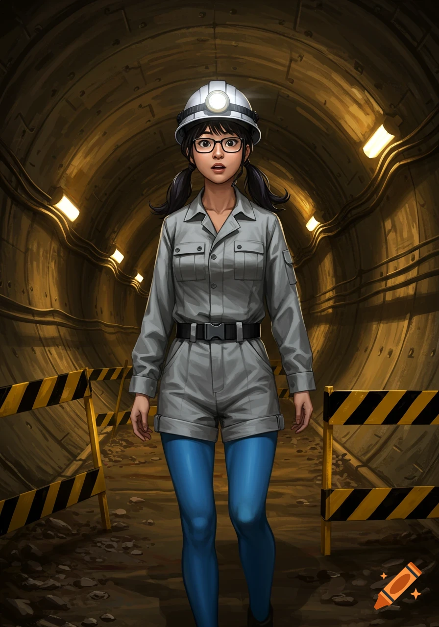A surprised East Asian woman in a gray utility uniform, blue tights, and a hard hat with a headlamp, stands in a dark tunnel with safety barriers. Illustration.