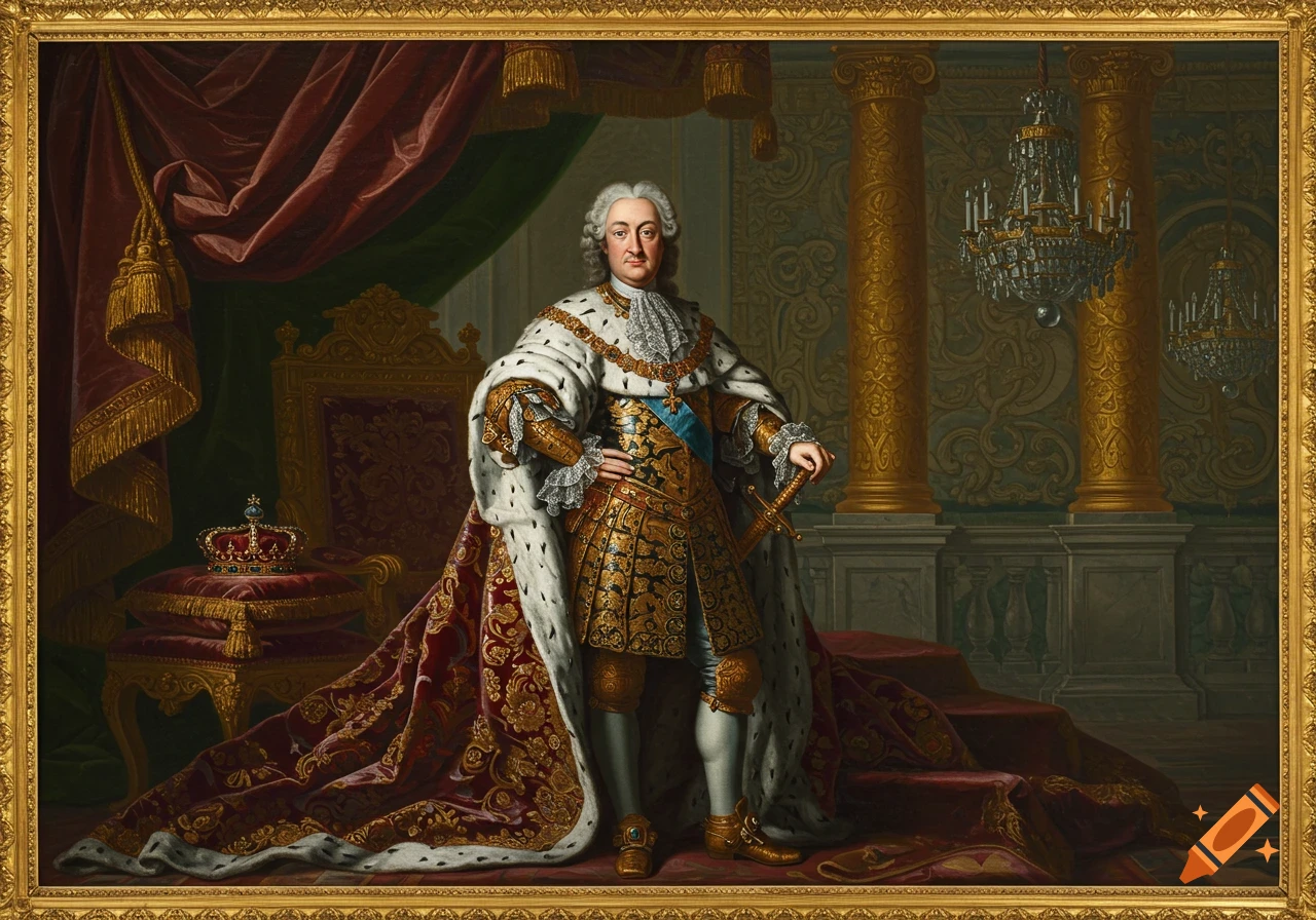 A baroque painting of a king in an ermine robe and ornate gold attire, standing beside a throne and crown in a lavish room.