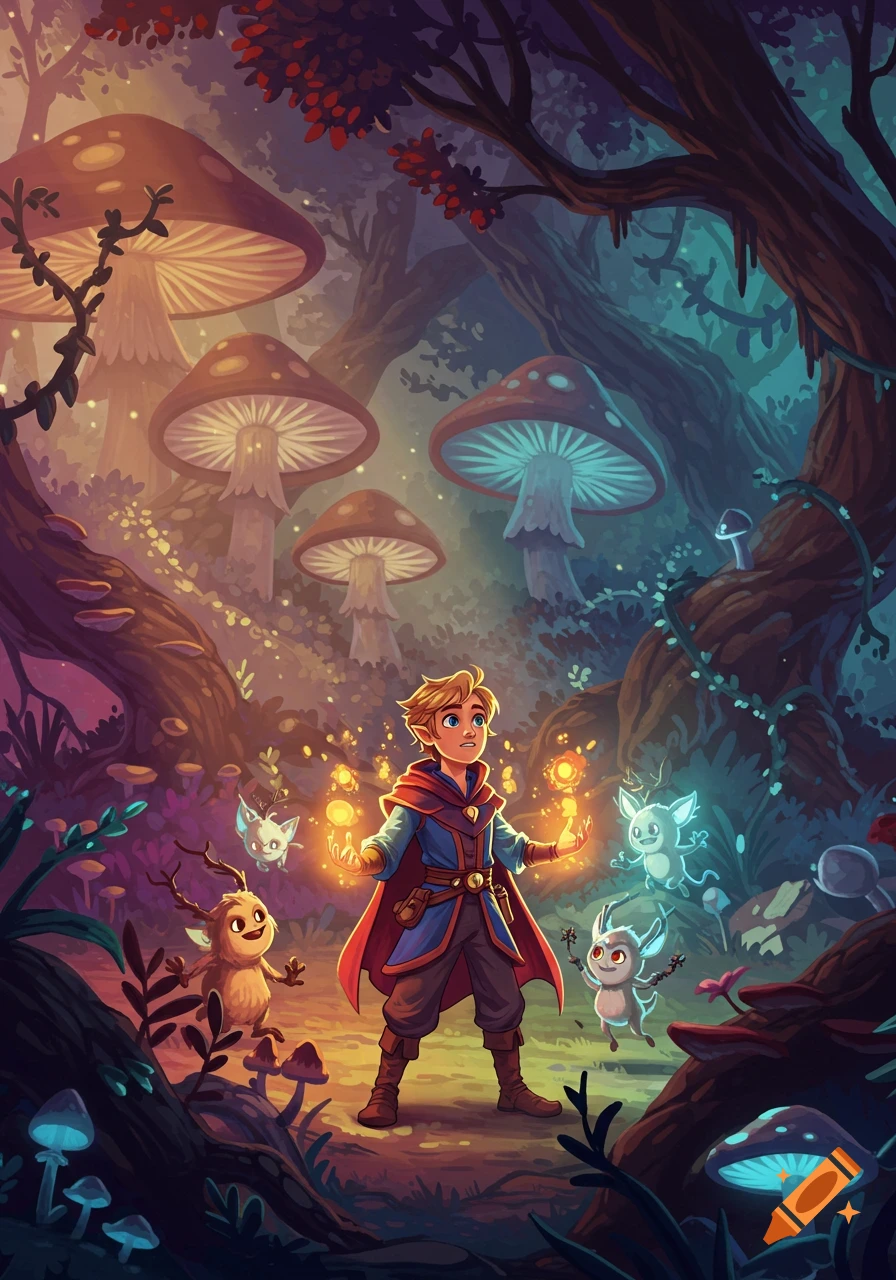 A young hero in a red cape holds glowing orbs in a magical cartoon forest filled with large mushrooms and small, whimsical creatures.
