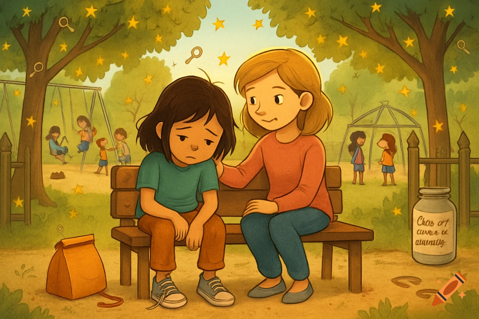 A cartoon of a sad child with an untied shoelace on a playground bench, being comforted by a smiling friend next to her.