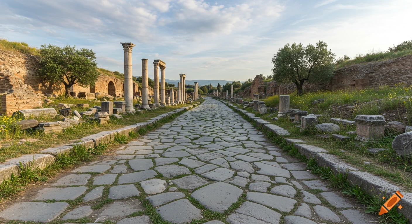 A long ancient Roman cobblestone road lined with tall columns and ruins under a partly cloudy sky.