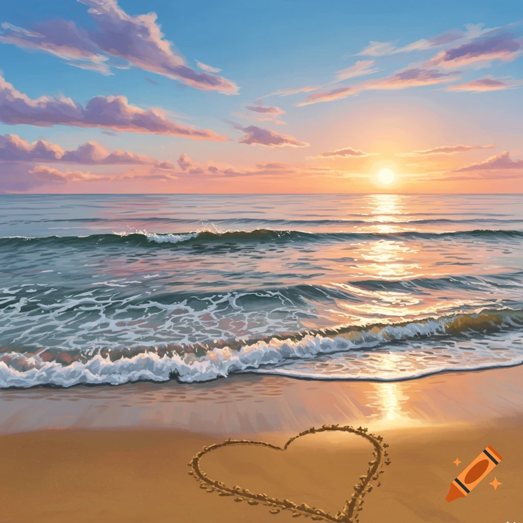 A painterly depiction of a sunset over an ocean beach with waves crashing, and a heart drawn in the sand.