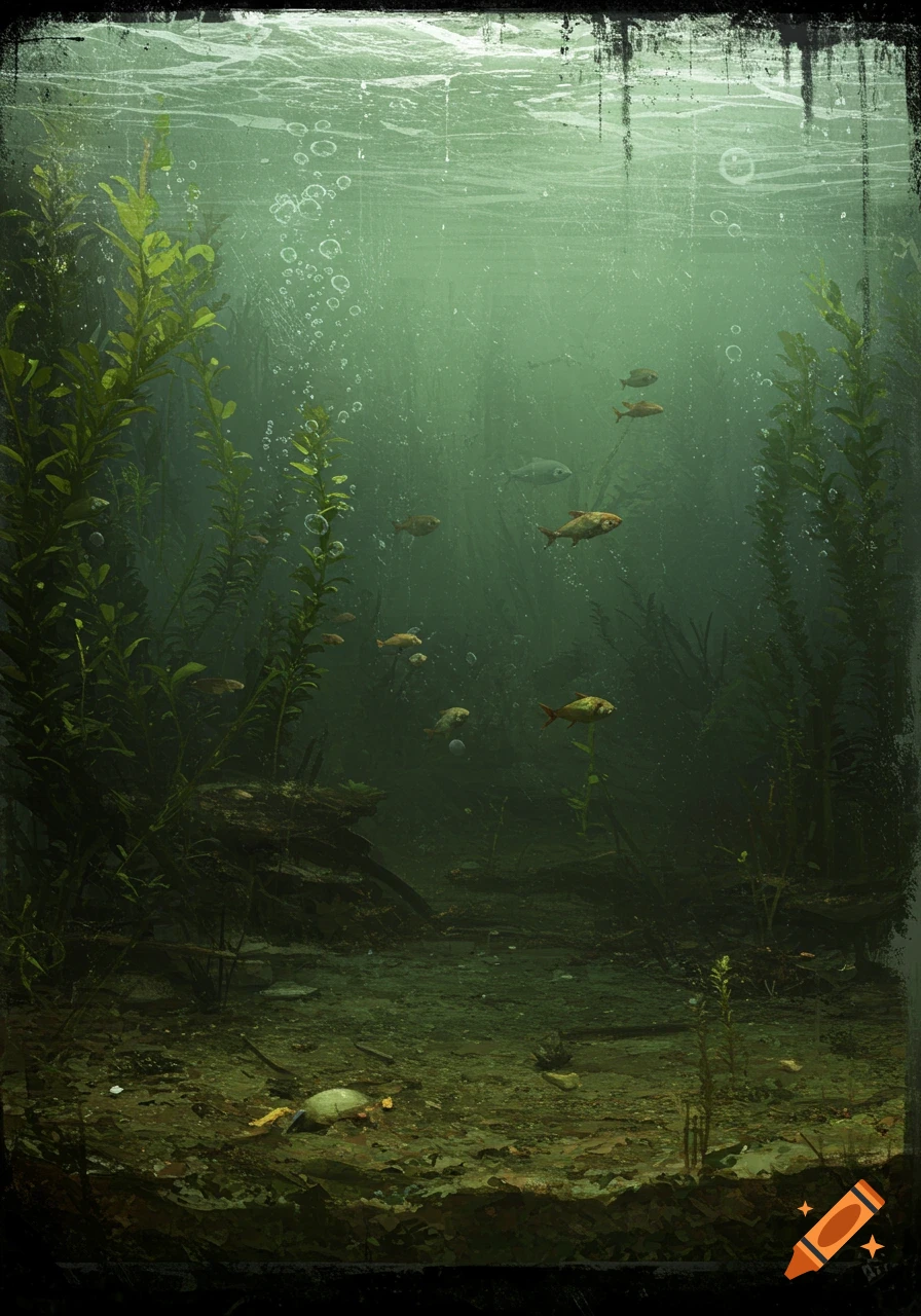 Murky green underwater scene with small fish, tall aquatic plants, and sediment, featuring a distressed filter style.