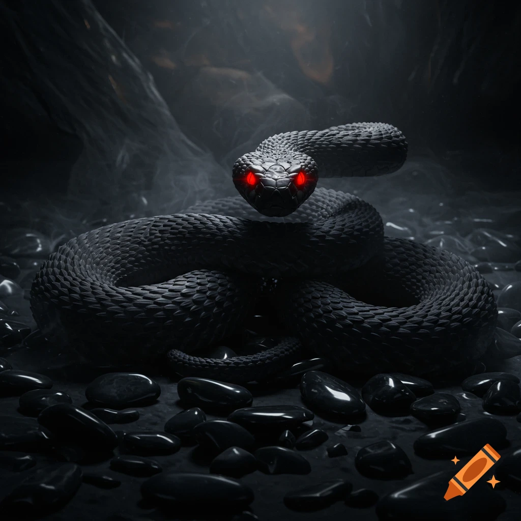 A menacing black snake with glowing red eyes coiled on a bed of dark, shiny stones in a shadowy, mysterious environment.