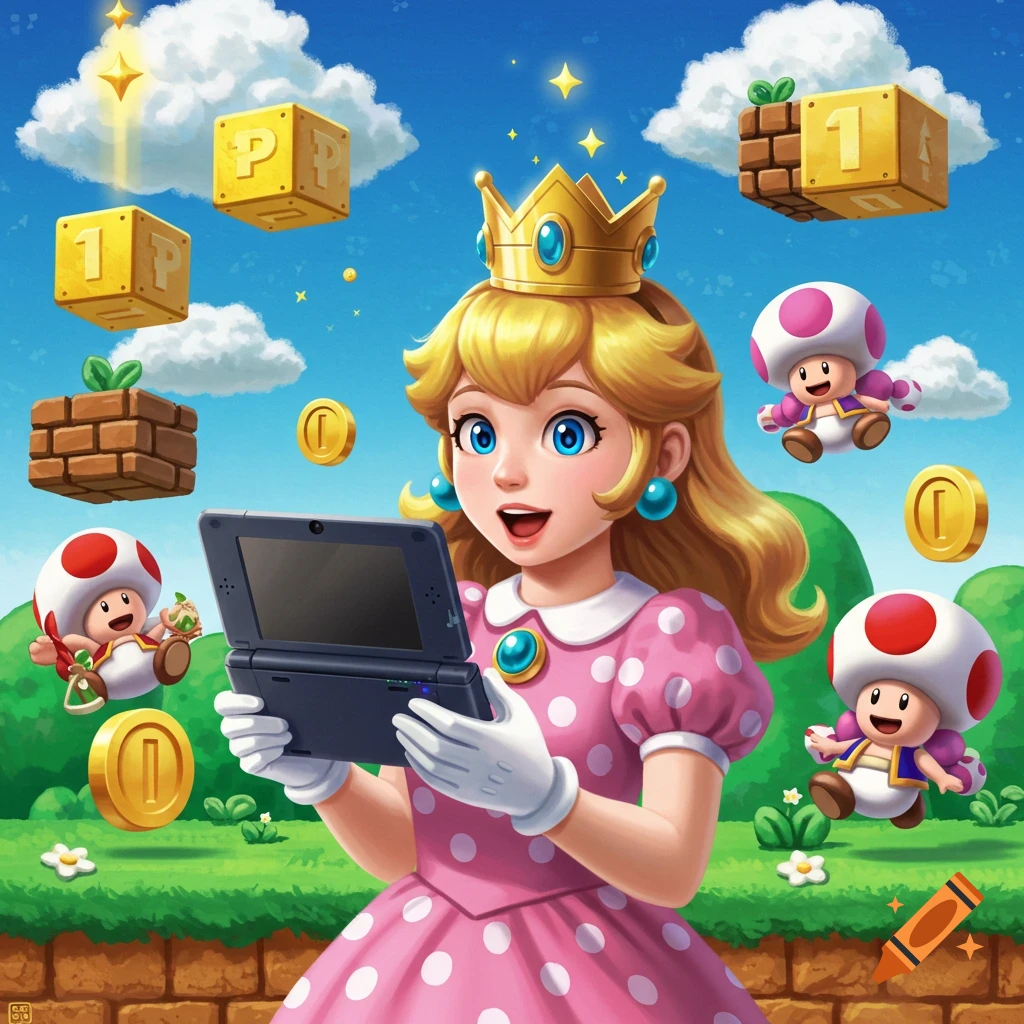 A vibrant illustration of Princess Peach playing a Nintendo 3DS, surrounded by floating Super Mario coins, blocks, and Toads.