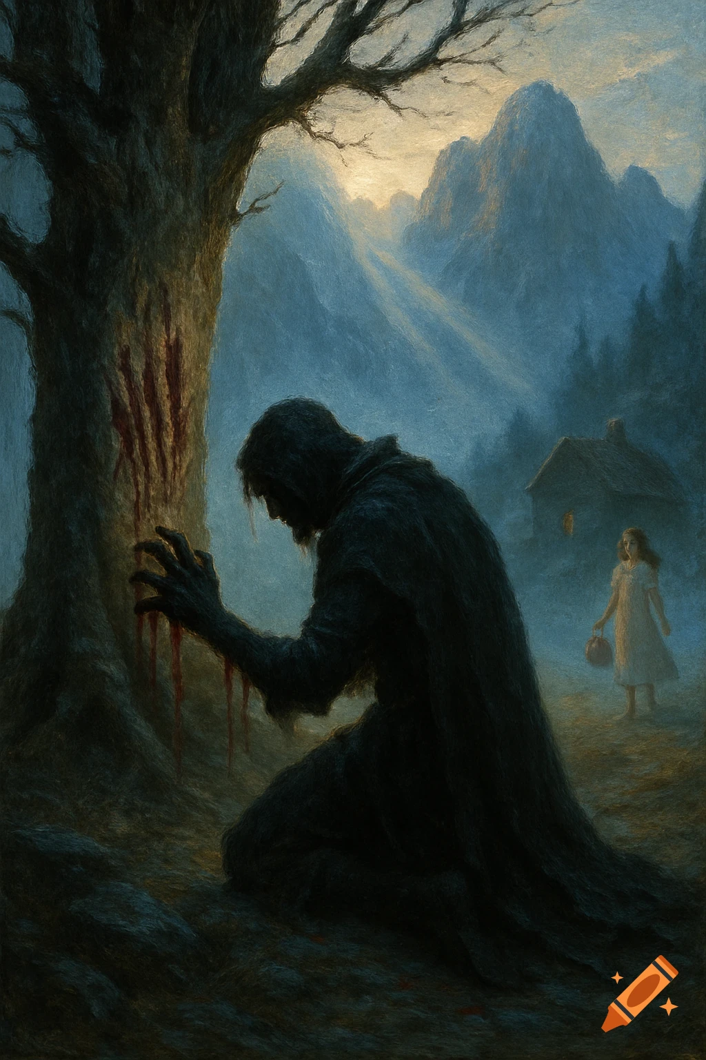A dark, painterly illustration of a cloaked figure kneeling by a bloody tree, with a girl and house in the misty mountain background.