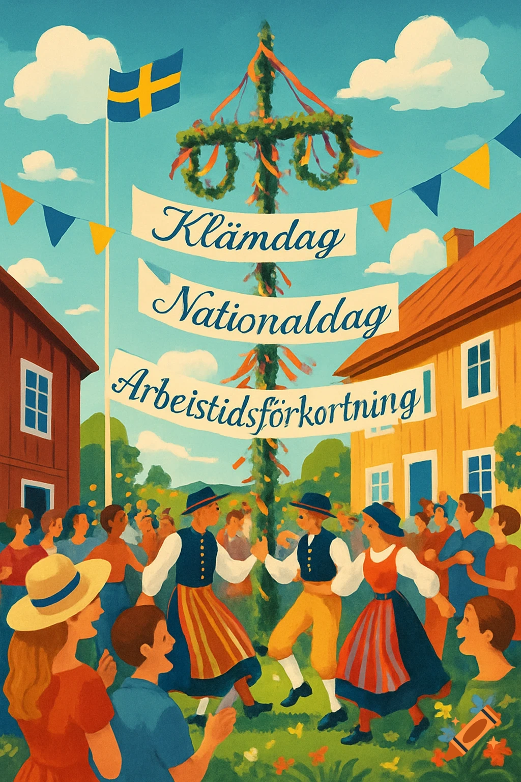 Stylized illustration of a Swedish festival with people in folk costumes dancing around a maypole, a Swedish flag, and banners.