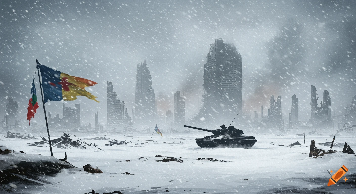 A military tank stands in a desolate, snow-covered battlefield with ruined city skyscrapers in the background and tattered flags flying.