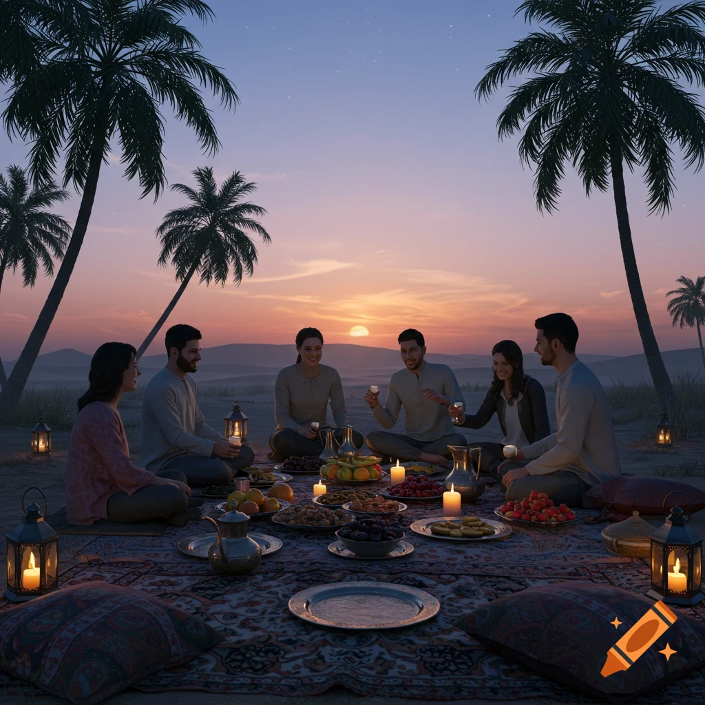 A group of friends enjoys an outdoor desert picnic at sunset with palm trees, lanterns, and a spread of food on a patterned rug.