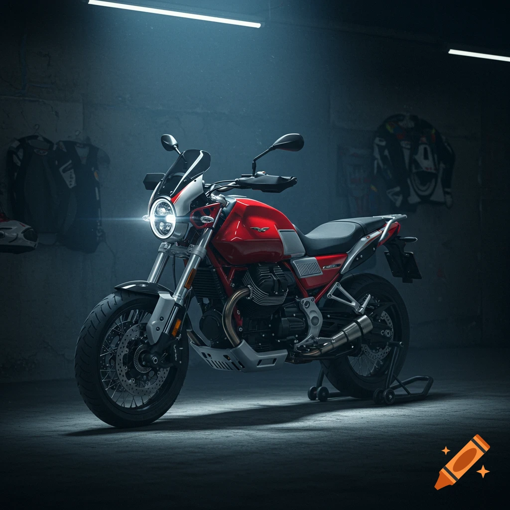 A red Moto Guzzi V85TT motorcycle with a round headlight parked in a dimly lit garage, bathed in cool blue light.