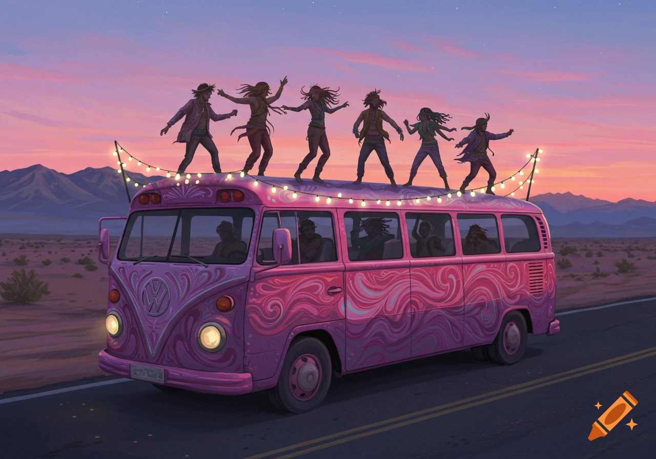 Six people dance on the roof of a pink and purple hippie bus adorned with string lights, driving through a desert landscape at sunset, in a stylized illustration.