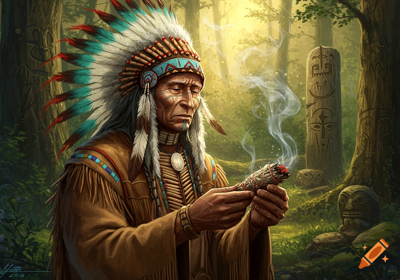 A Native American shaman in a feathered headdress holds a smoking sage bundle in a lush forest with carved wooden totems.