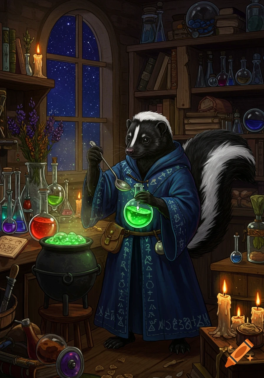 A skunk alchemist in a blue robe stirs a glowing green potion in a cauldron, surrounded by flasks and bubbling liquids in a dimly lit laboratory at night. Detailed fantasy illustration.
