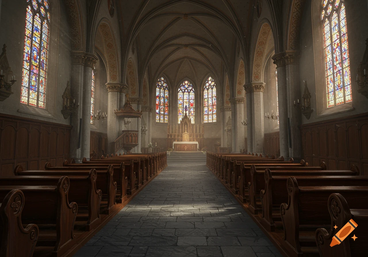 A majestic empty church interior with rows of wooden pews, stone floors, and towering stained glass windows filtering light.