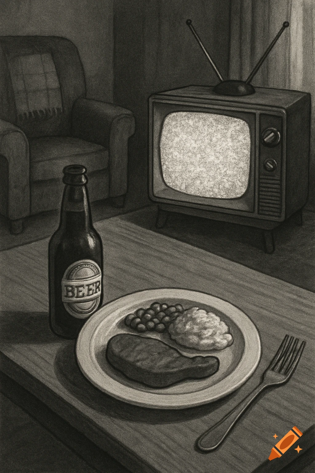 Grayscale drawing of a dinner plate with steak, peas, and mashed potatoes, a beer bottle, and a static-filled TV in a dark living room.