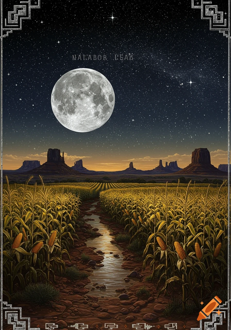 A full moon illuminates a cornfield with a stream, leading to desert mesas under a starry night sky, framed by geometric borders.