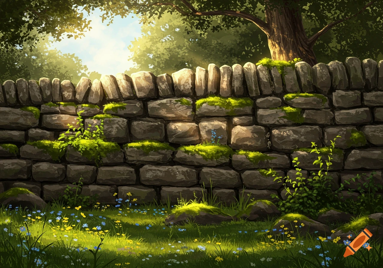 Illustrative depiction of a mossy drystone wall with wildflowers and lush green grass in sunlight, under a canopy of trees.