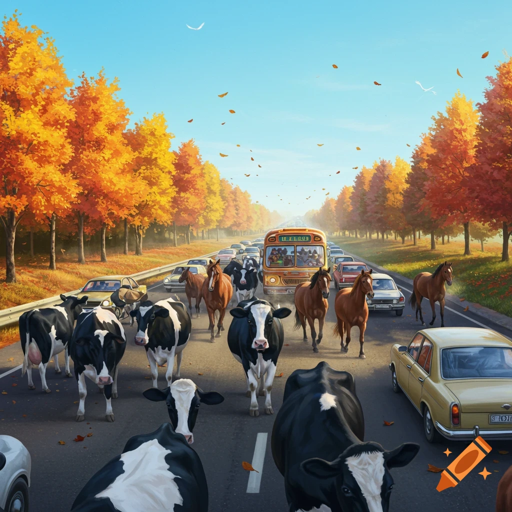 Illustrative view of cows and horses causing a traffic jam on an autumn highway lined with orange trees.