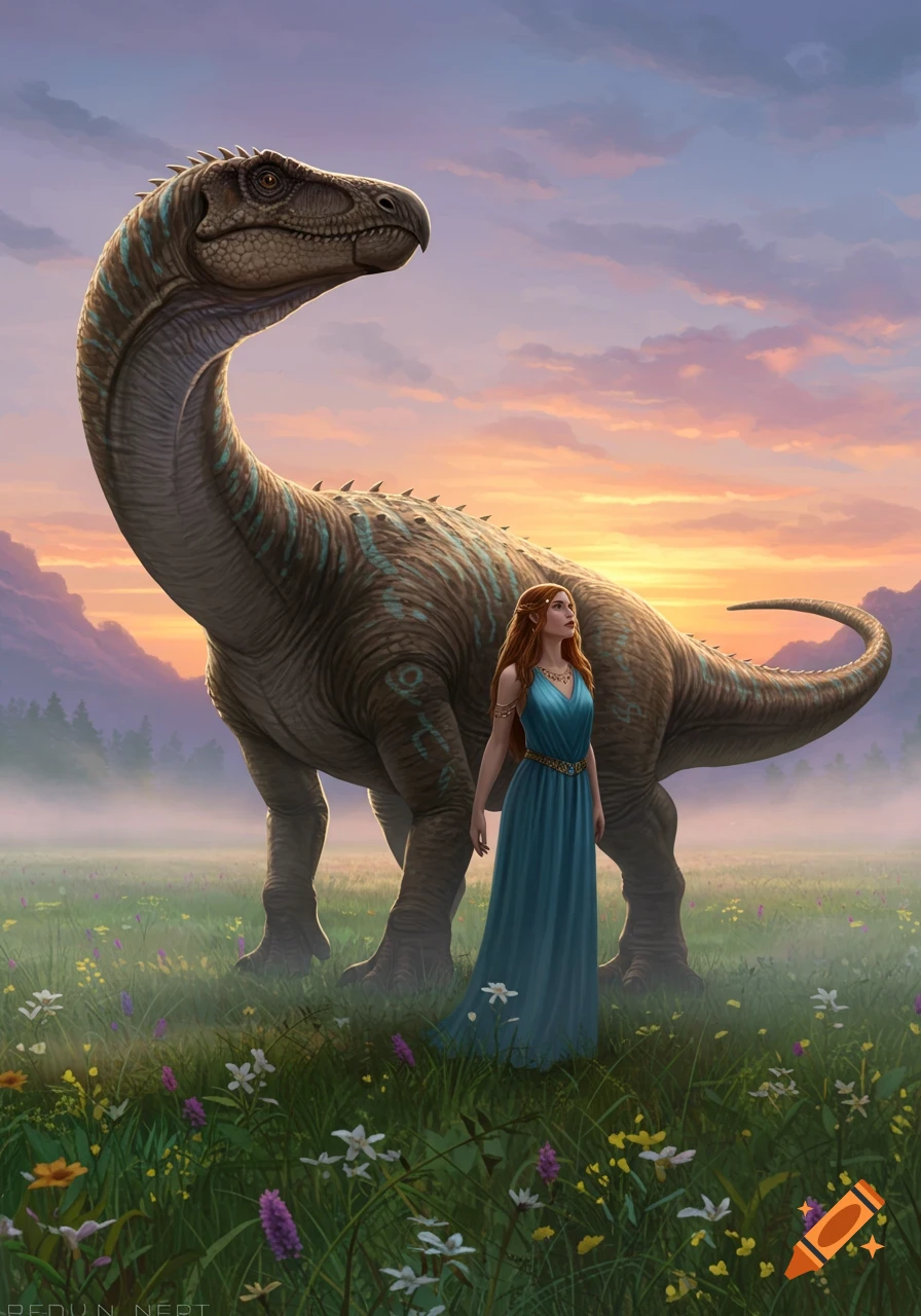 A woman in a blue dress stands next to a large long-necked dinosaur in a vibrant flower-filled field at sunset, digital painting.