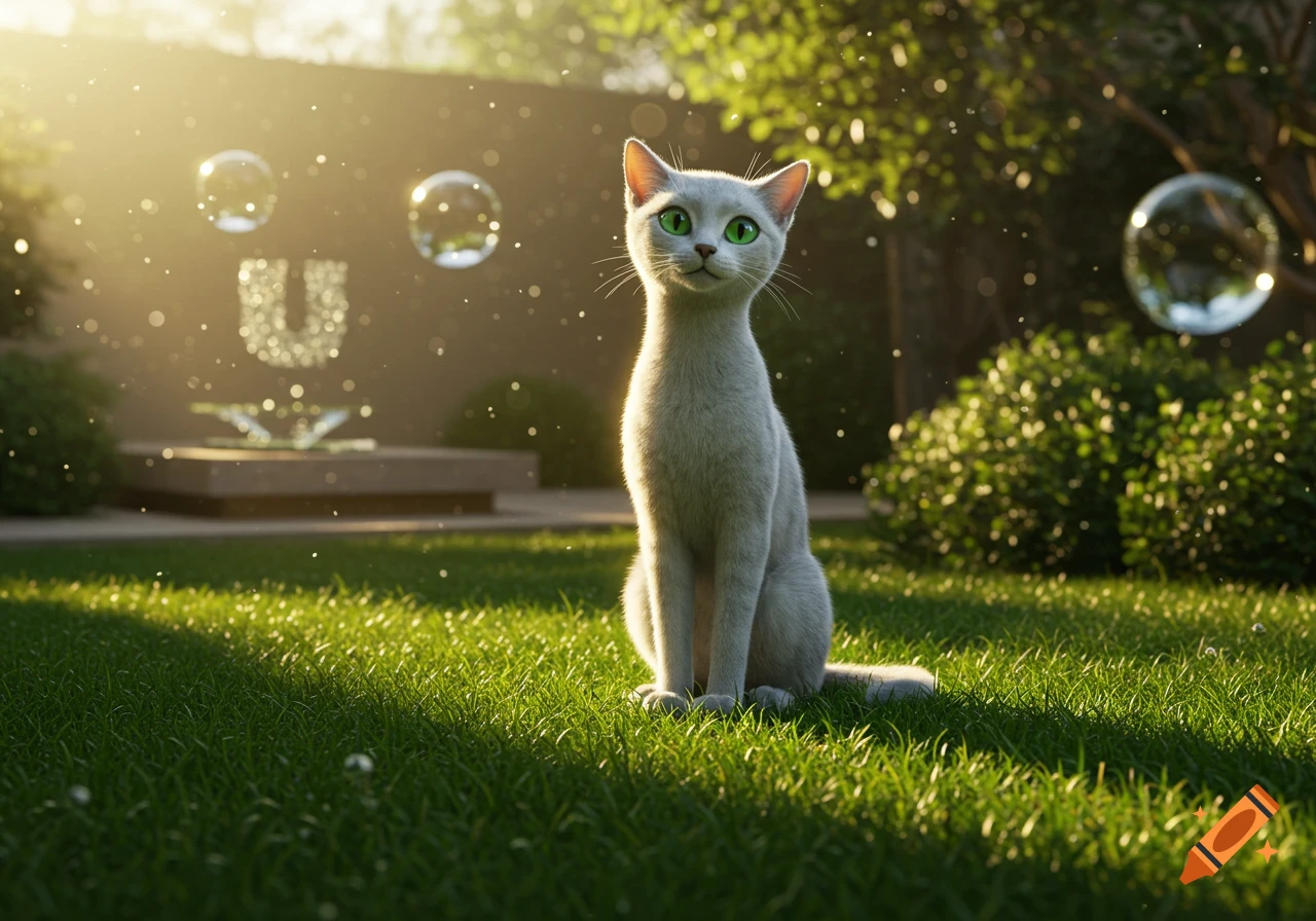 A white cat with green eyes sits in a sunny green garden, looking forward. Bubbles and a shimmering 'U' are in the blurred background.