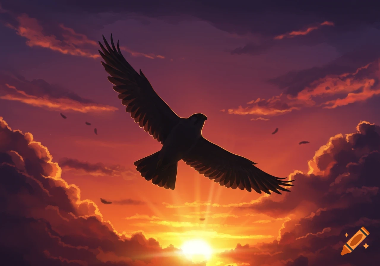 A silhouette of a falcon with spread wings soaring against a vibrant orange and purple sunset sky with clouds.