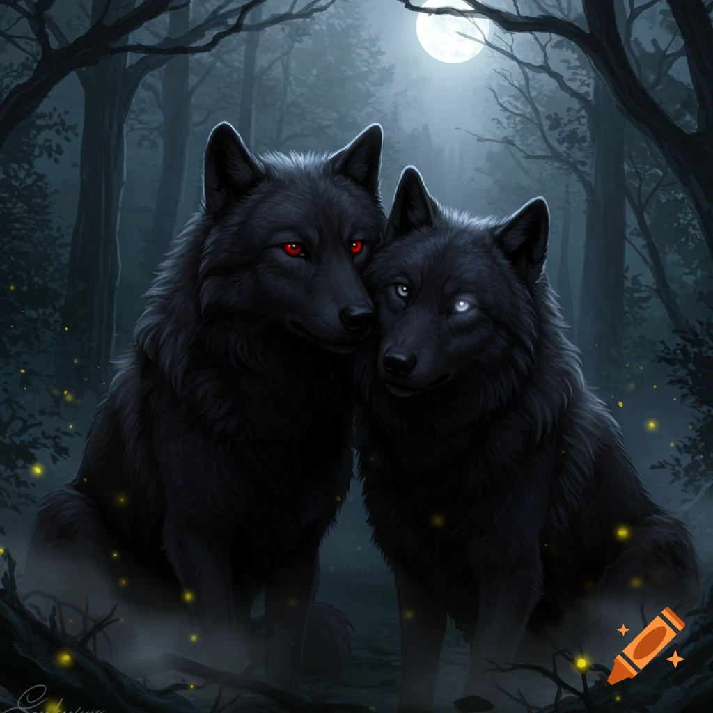 Two black wolves with glowing red and white eyes embrace in a mystical dark forest under a full moon, with fireflies.