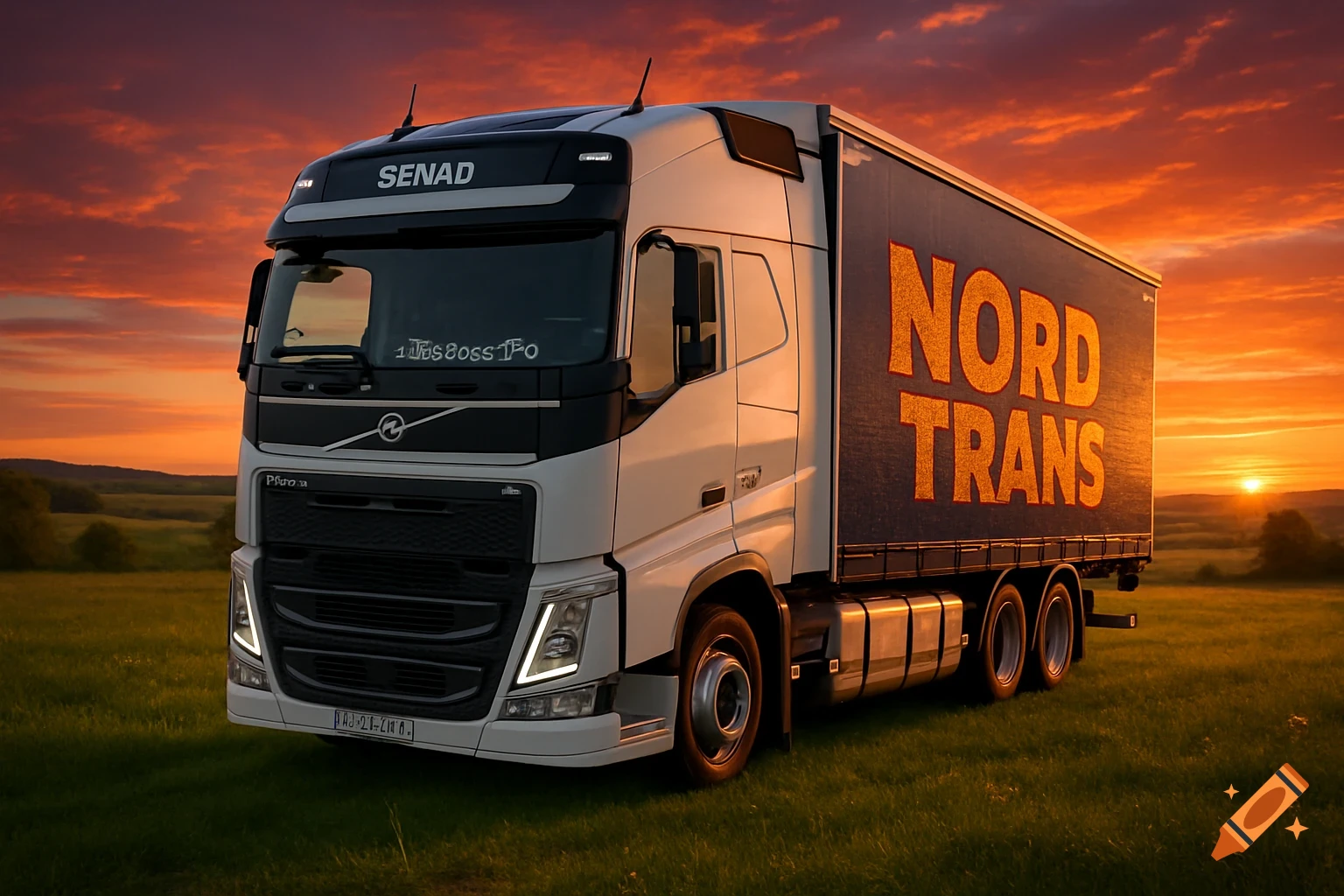 A white Volvo FH 420 truck with a 'NORD TRANS' advertisement on its side, parked in a green meadow at a vibrant sunset.