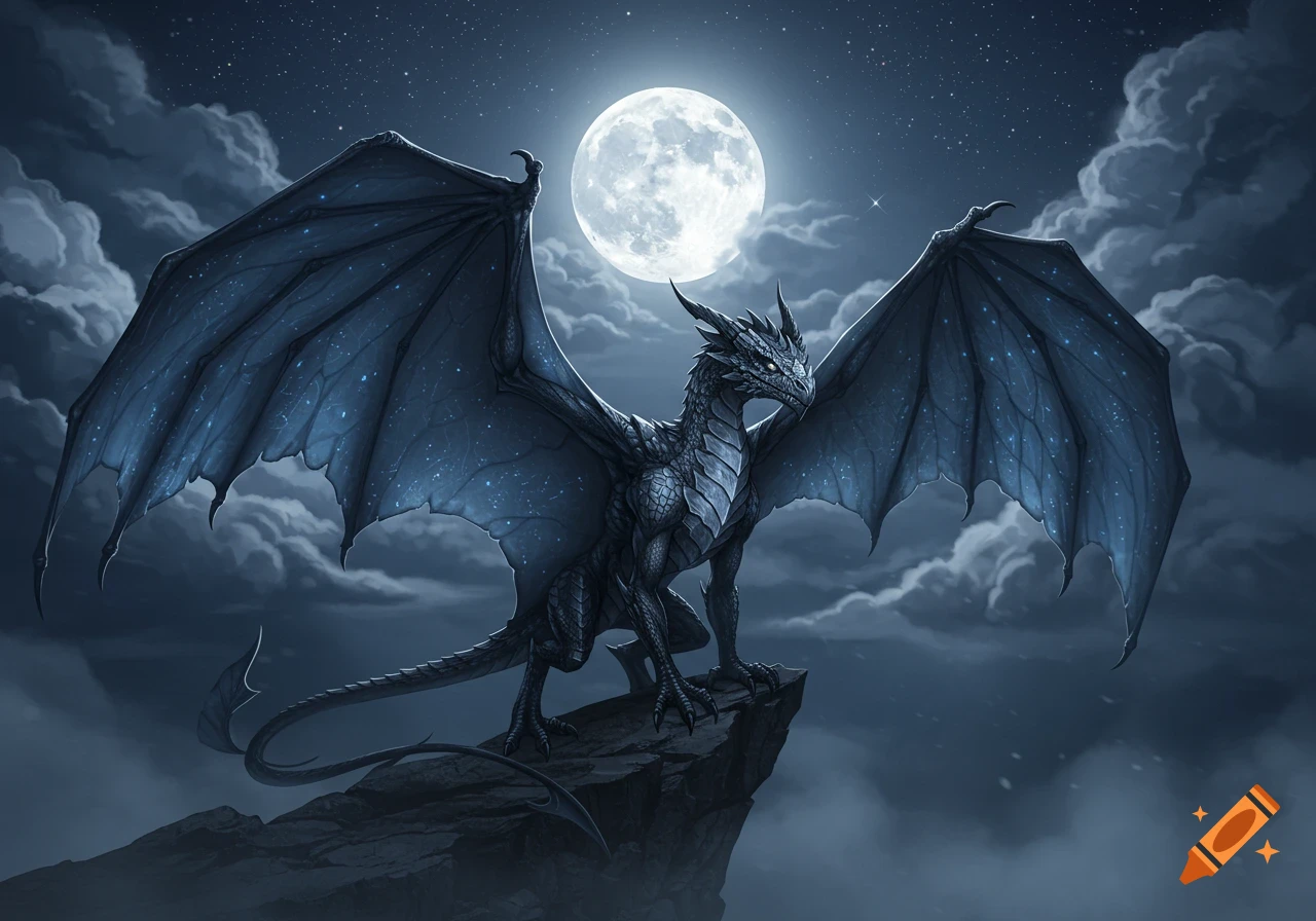 A majestic dark dragon with widespread wings perches on a cliff under a bright full moon and starry night sky.