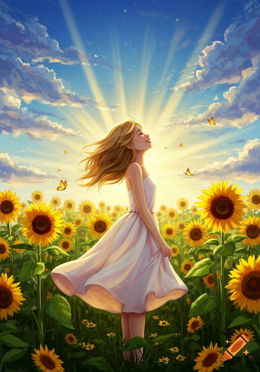 A vibrant illustration of a young woman smiling with her hair blowing, standing in a sunflower field under a sunny blue sky.