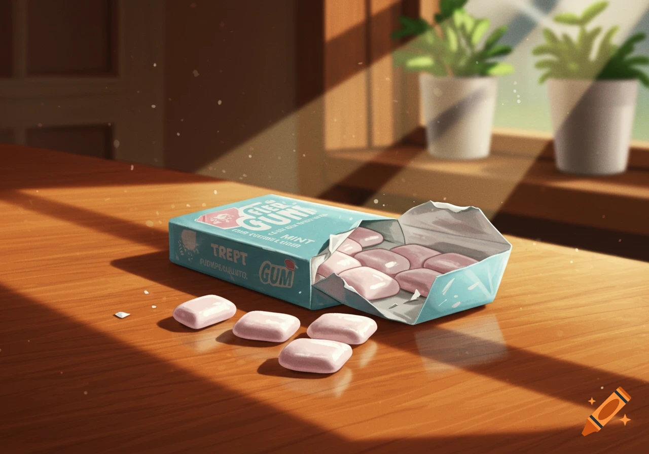 An open light blue gum box with pink rectangular gum pieces spilled on a sunlit wooden table, with blurred potted plants in the background.
