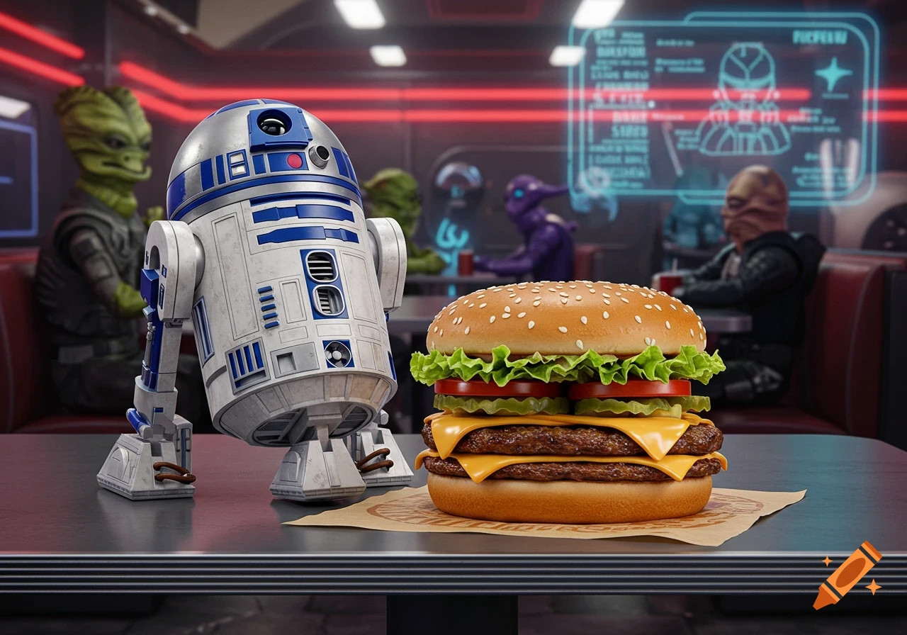 R2D2 stands next to a double cheeseburger on a table in a futuristic diner, with aliens in the background.