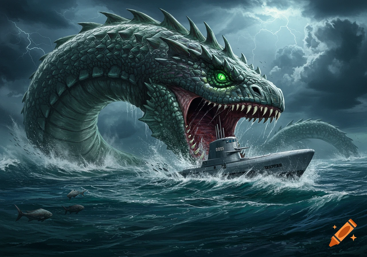 A giant green sea monster with glowing eyes attacks a gray submarine in a stormy ocean with lightning.