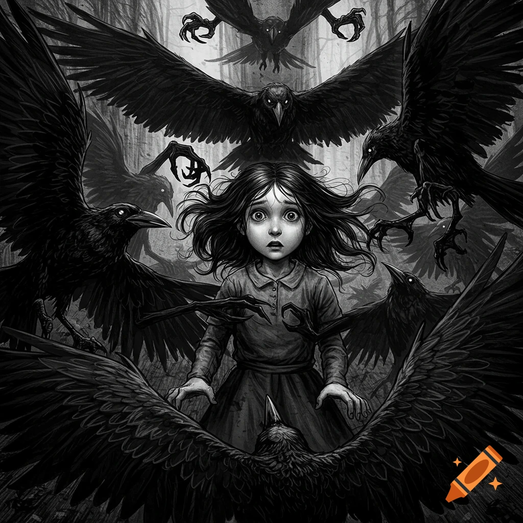 A frightened girl surrounded by menacing crows with clawed hands in a dark, black and white forest, in a graphic novel style.