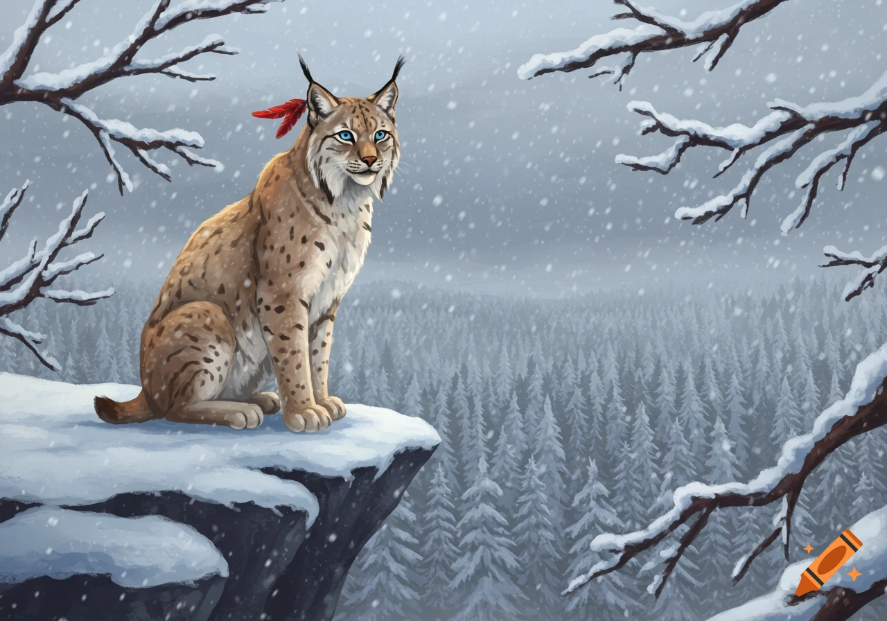 An illustration of a lynx with blue eyes and red feathers behind its ear, sitting on a snowy cliff overlooking a snowy forest with falling snow.