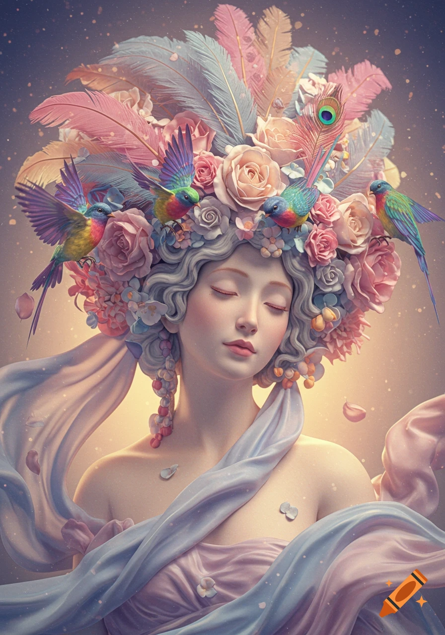 Ethereal pastel sculpture of a woman with closed eyes, adorned with a headdress of pink and blue flowers, feathers, and colorful birds.