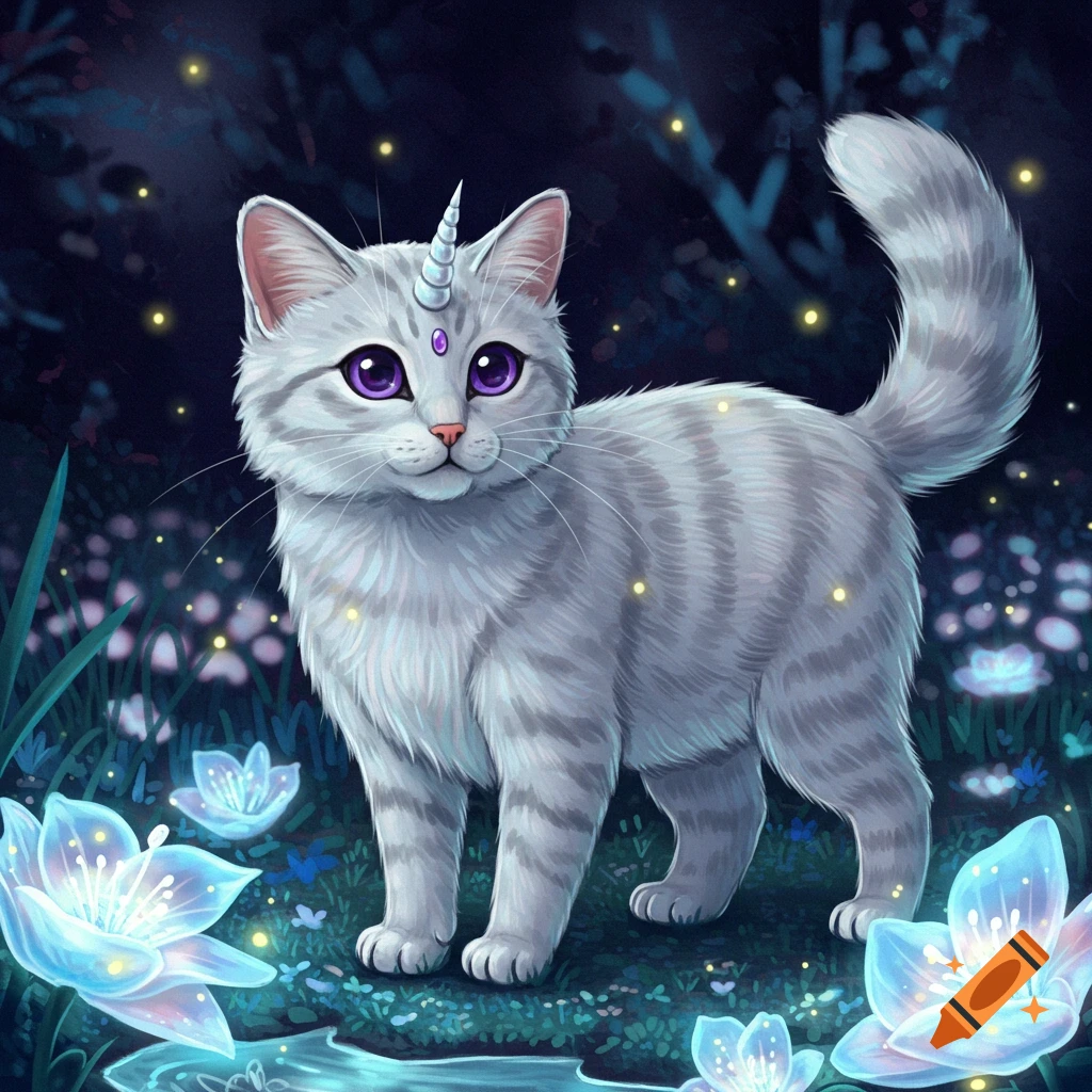 Digital illustration of a grey striped unicat with purple eyes, standing in a magical dark forest with glowing blue flowers and fireflies.