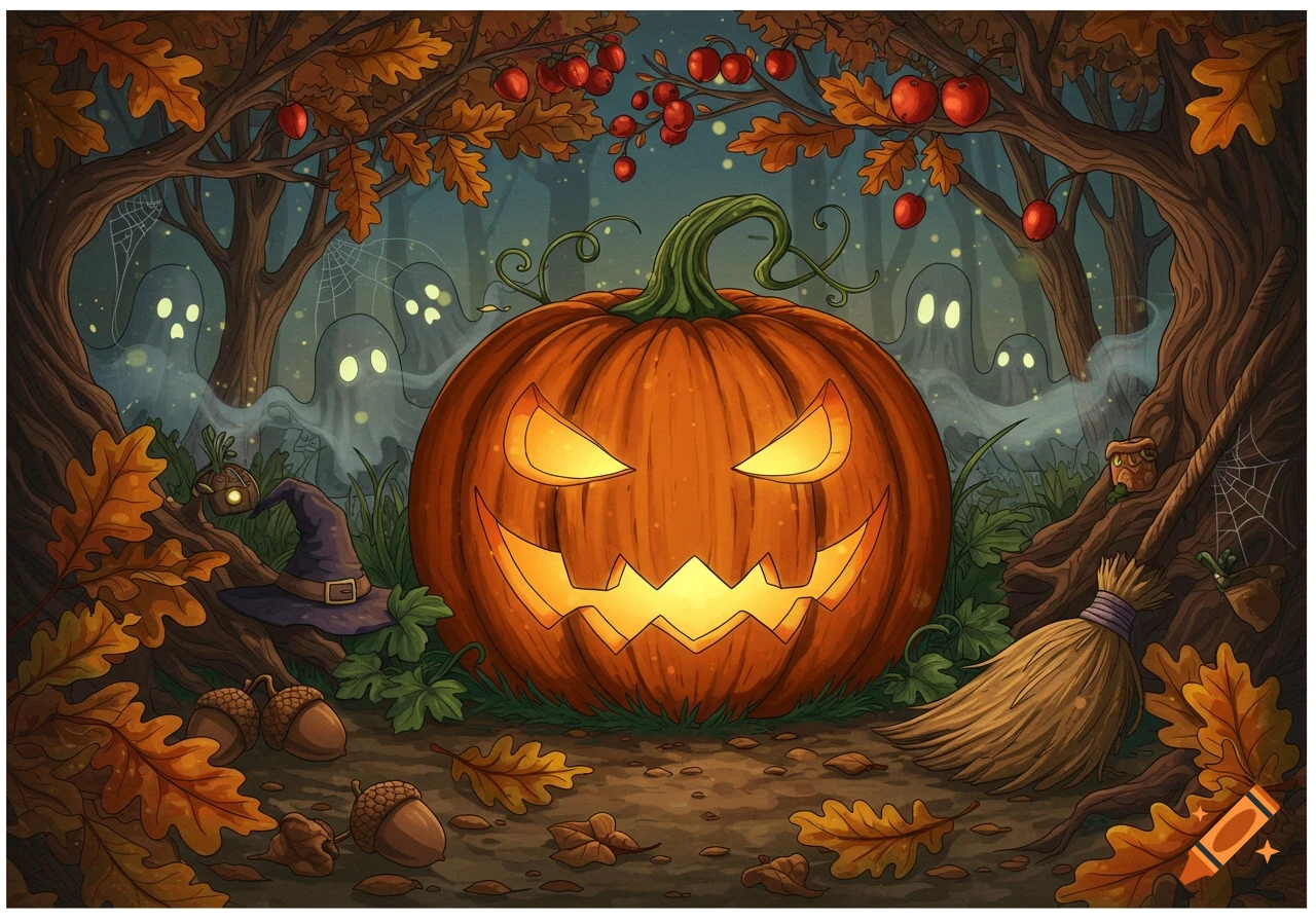A glowing jack-o'-lantern sits in a spooky autumn forest at night, surrounded by ghosts, colorful leaves, acorns, a witch's hat, and a broom.