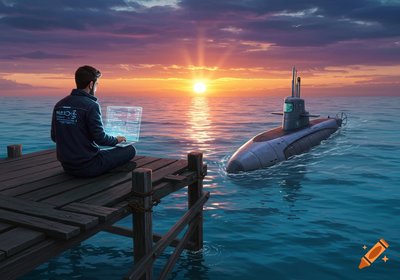 A man sits on a wooden dock, facing away, using a holographic laptop at sunset, with a submarine partially surfaced in the ocean beside him.