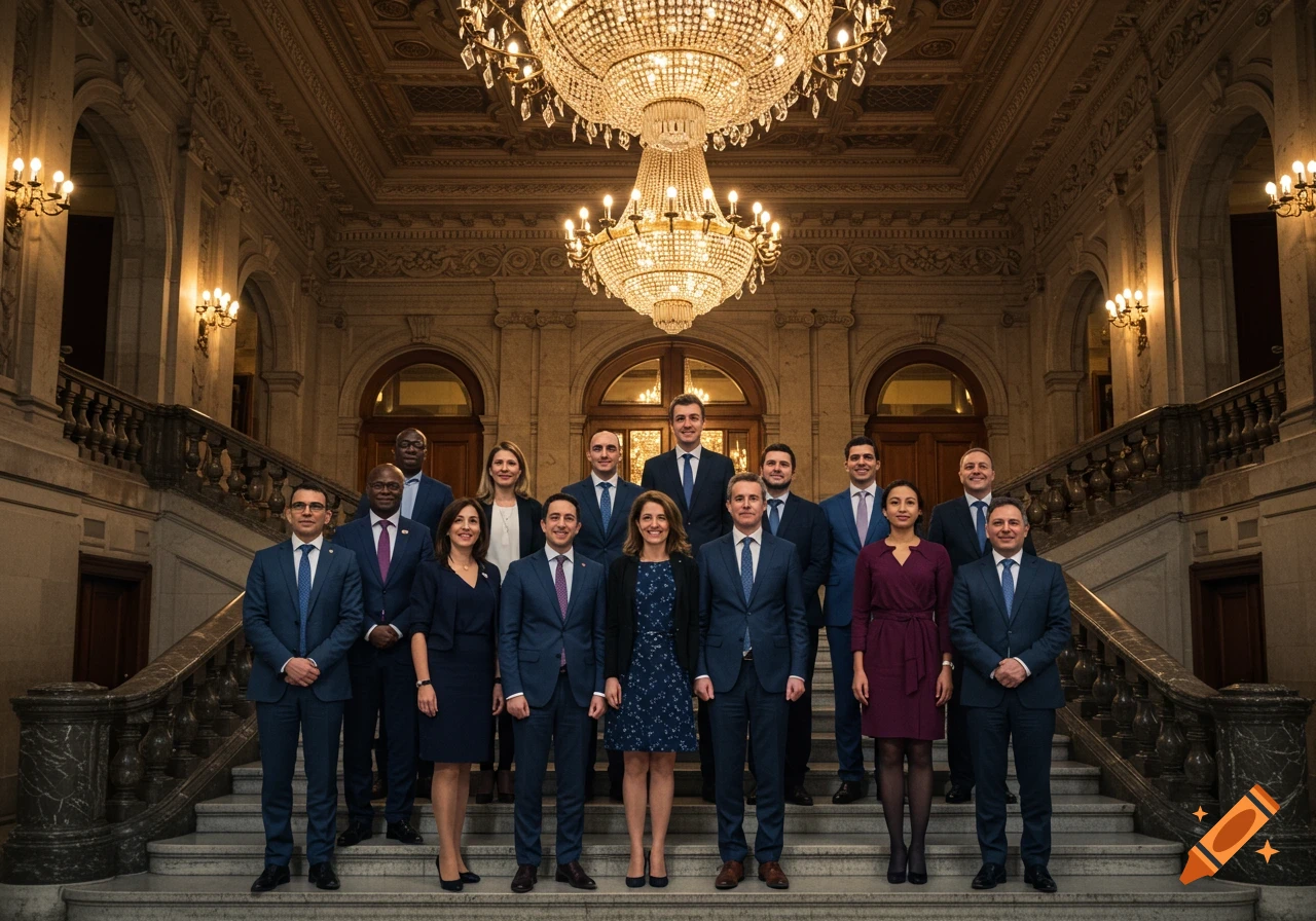 A diverse group of professionals in business attire standing on a grand staircase in a luxurious hall with a large chandelier.