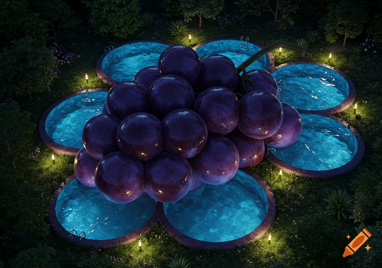 A photorealistic, overhead view of a giant bunch of grapes where each grape is a glowing blue swimming pool in a lush garden at dusk.
