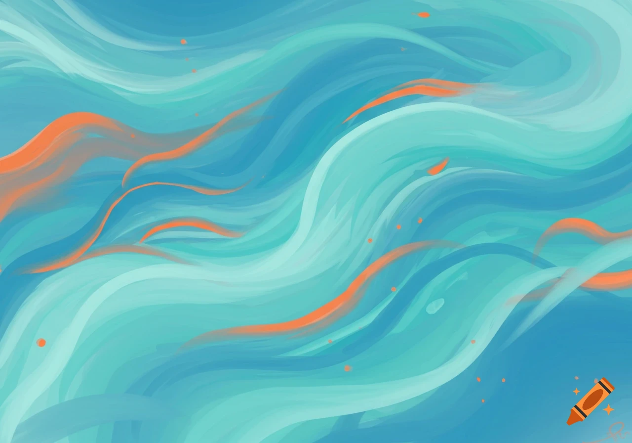 Abstract painting with flowing waves of blue, mint, and turquoise, accented by orange streaks and small dots.