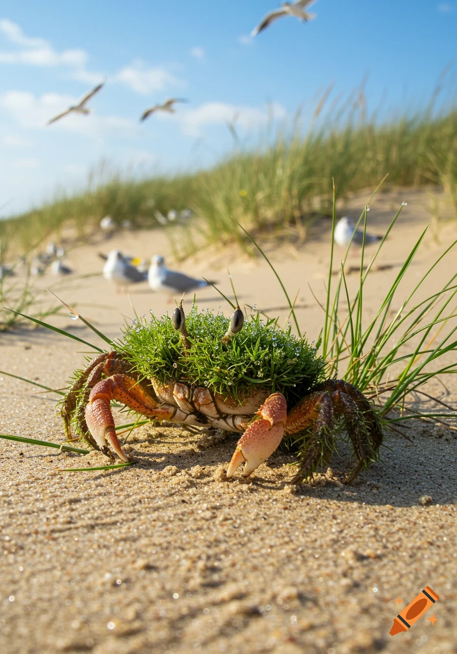 A crab with a dewy, grassy shell and large black eyes stands on a sunny beach, with blurred seagulls and dunes behind.