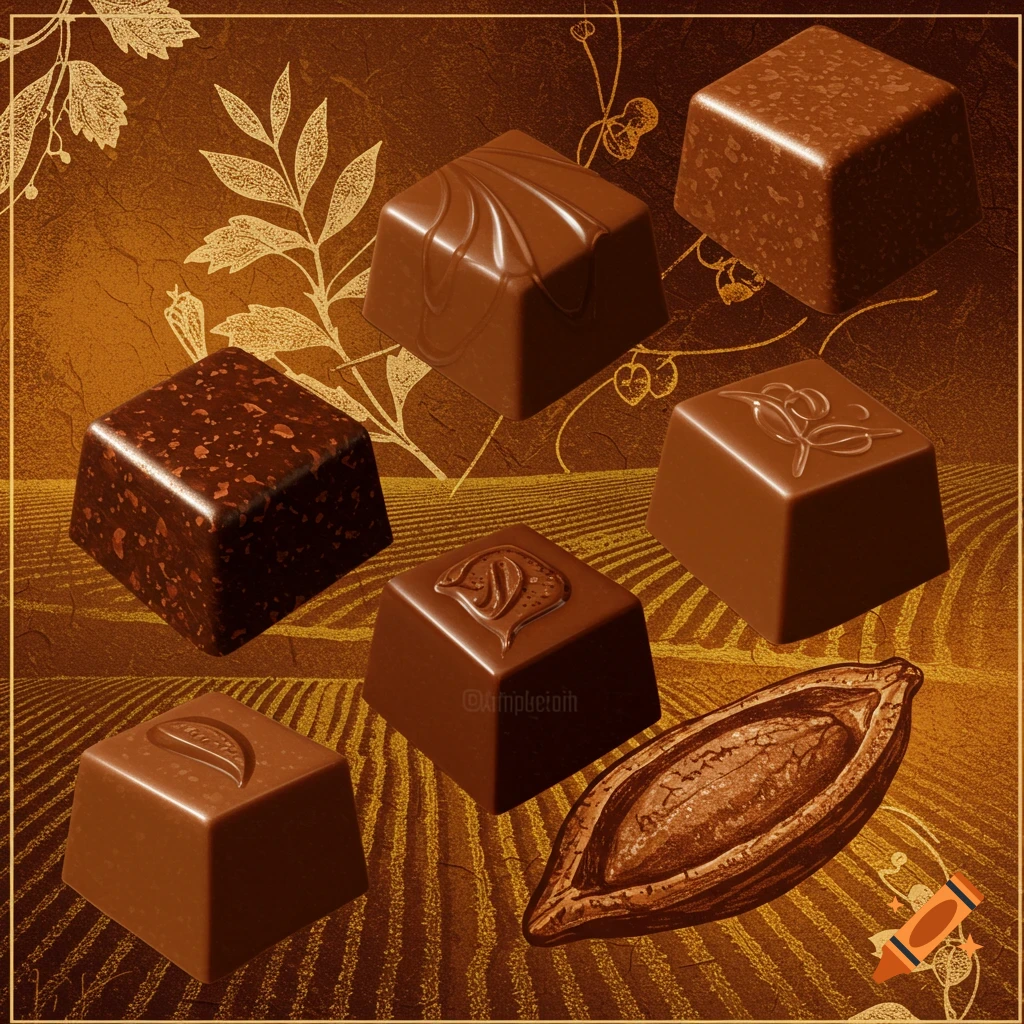 Six gourmet chocolates and a cocoa pod on an ornate brown and gold background.